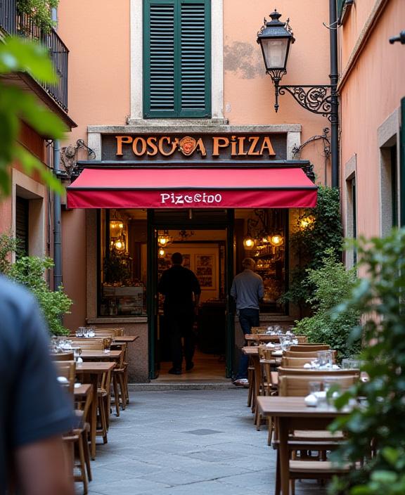 La pittoresca facciata di Poseidon Pizza in un accogliente vicolo di Trastevere, con tavolini all'aperto invitanti.