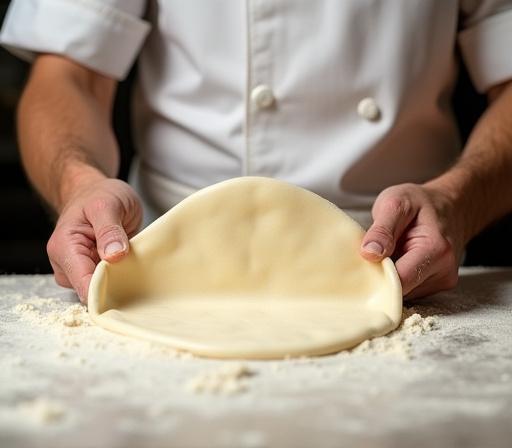 Un pizzaiolo espertissimo stende con maestria un disco di impasto, preparando una pizza.