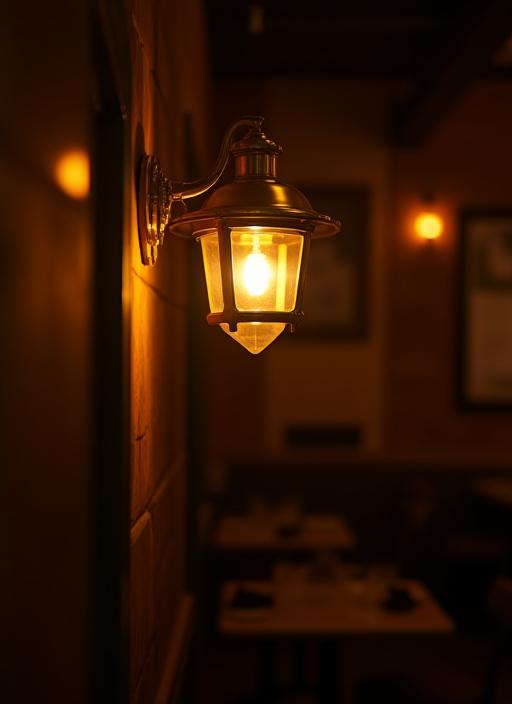 Dettaglio suggestivo di una lampada in stile nautico, con un tocco d'ottone, che illumina l'atmosfera all'interno del ristorante.