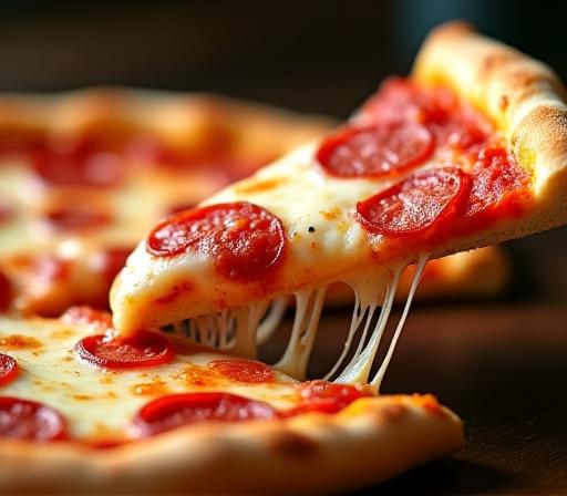 Una fetta di pizza romana dalla base croccante appena tagliata, con pomodoro e mozzarella fusa.