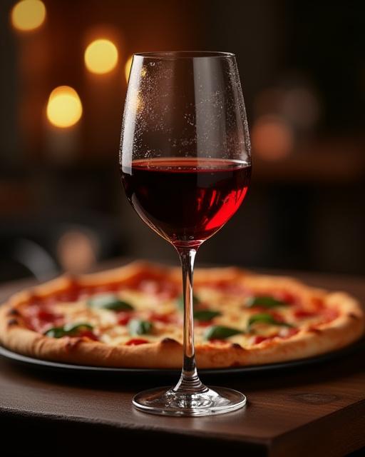 Un bicchiere di corposo vino rosso accanto a una pizza fumante, simbolo di un abbinamento perfetto.