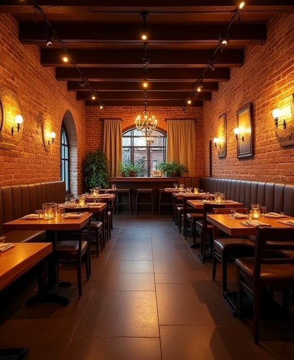 L'interno accogliente di Poseidon Pizza, con pareti in mattoni a vista e tavoli in legno.